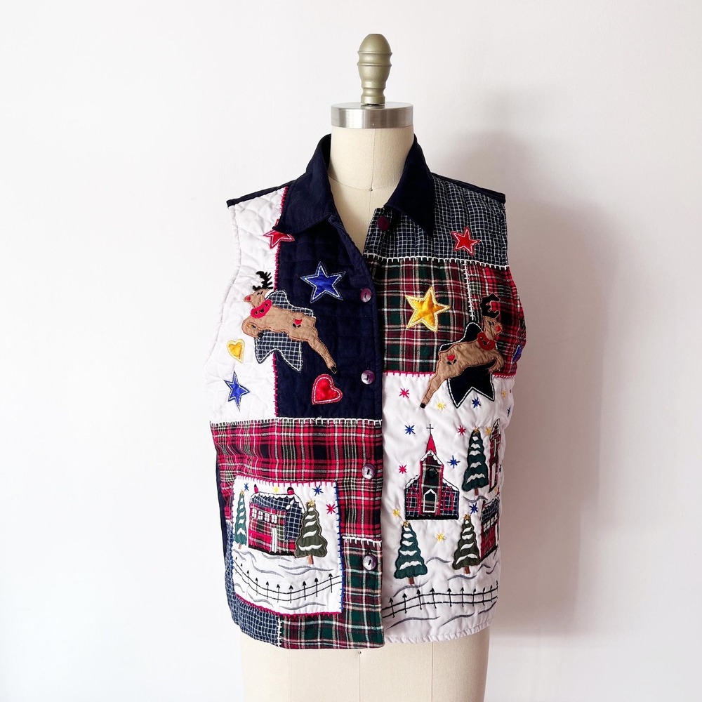SIZE M Vintage Holidays on the Farm Vest Christmas Patchwork
